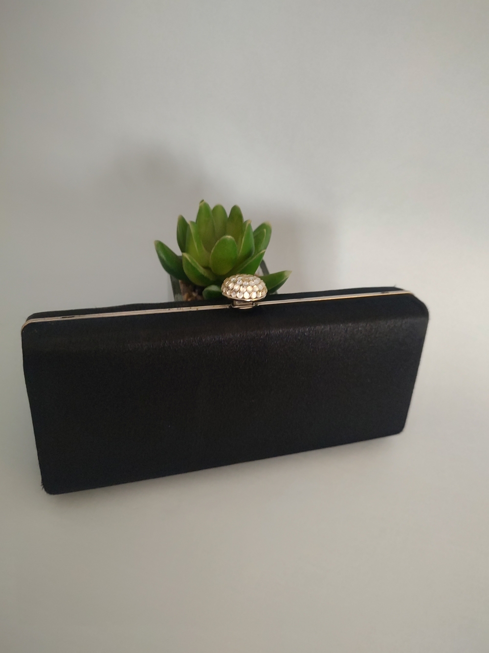 Black Satin Evening Clutch with Jewel Accent